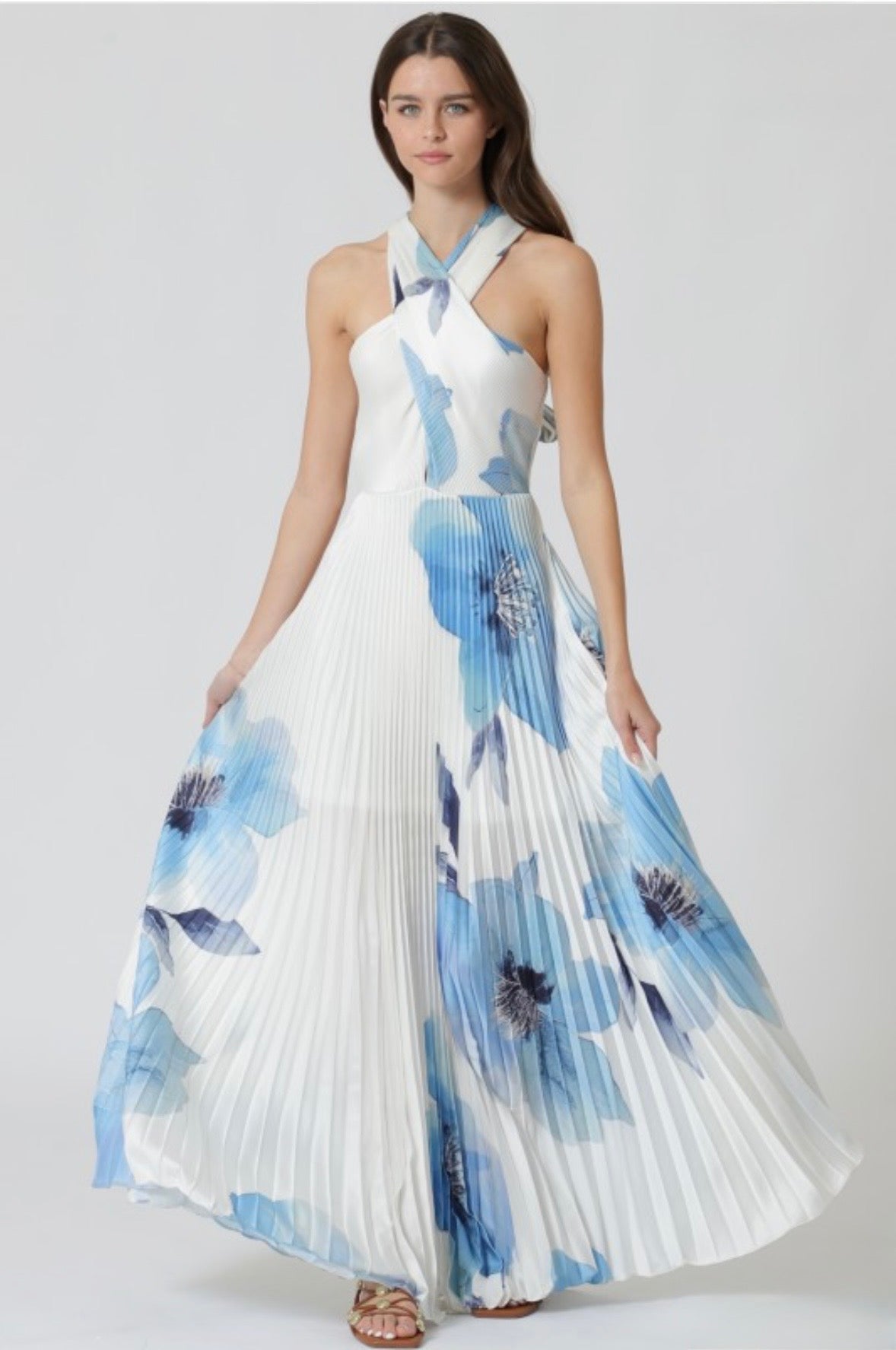 Halter Floral Pleated Maxi Dress