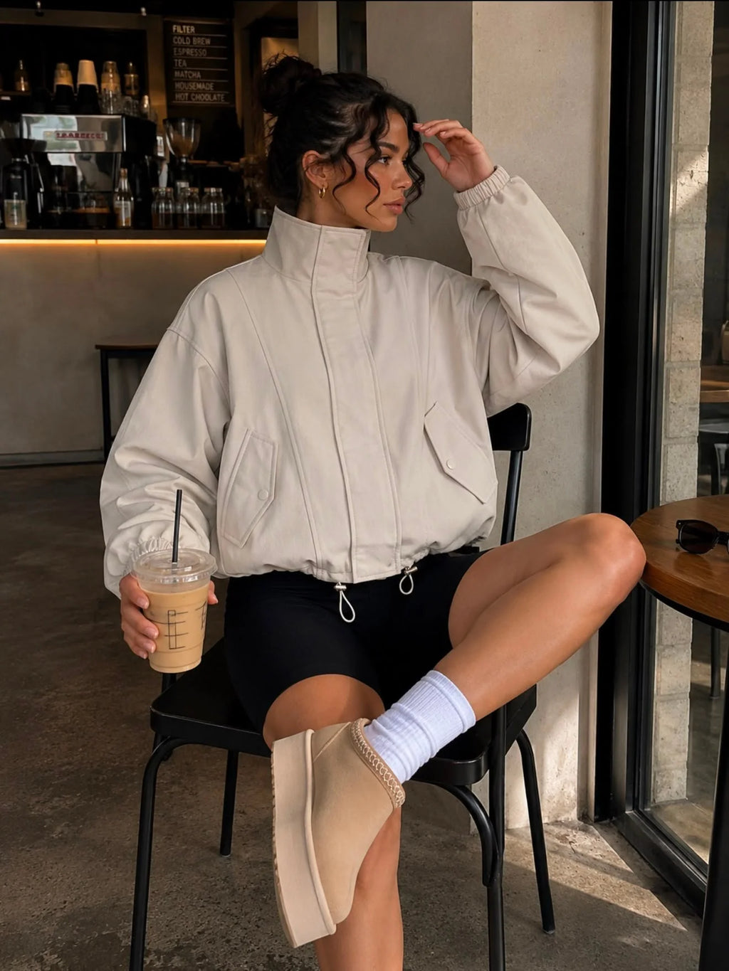 Funnel Neck Bomber Jacket Cream