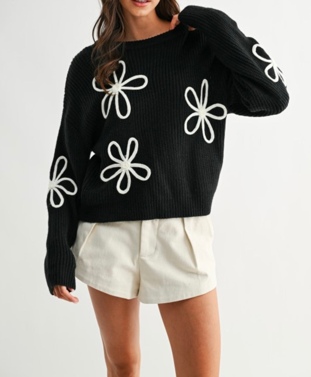 Floral Black and White Knit Sweater