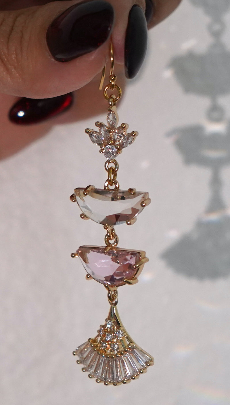 Double Half Moon Pink and Gold Long Earrings