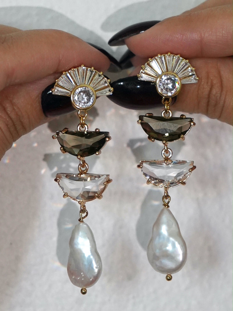 Clear & Brown Crystals Long Earrings