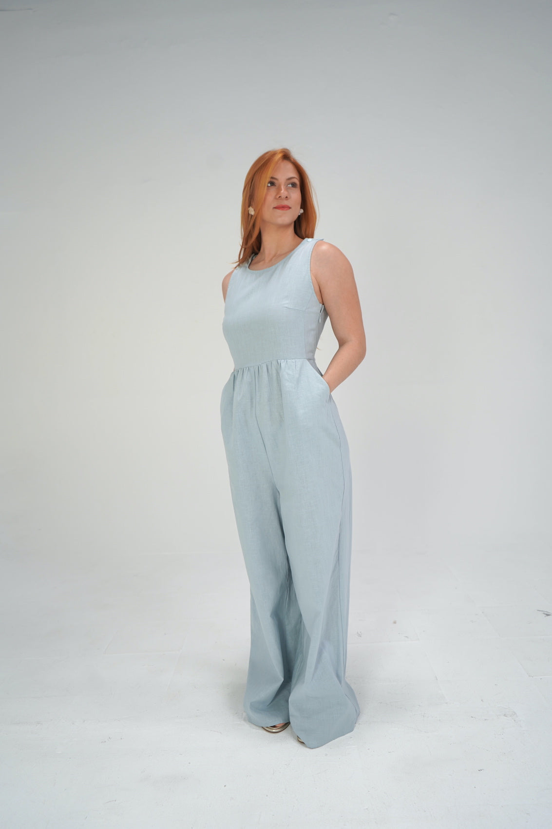 Blue Linen Wide Leg Jumpsuit-TALL