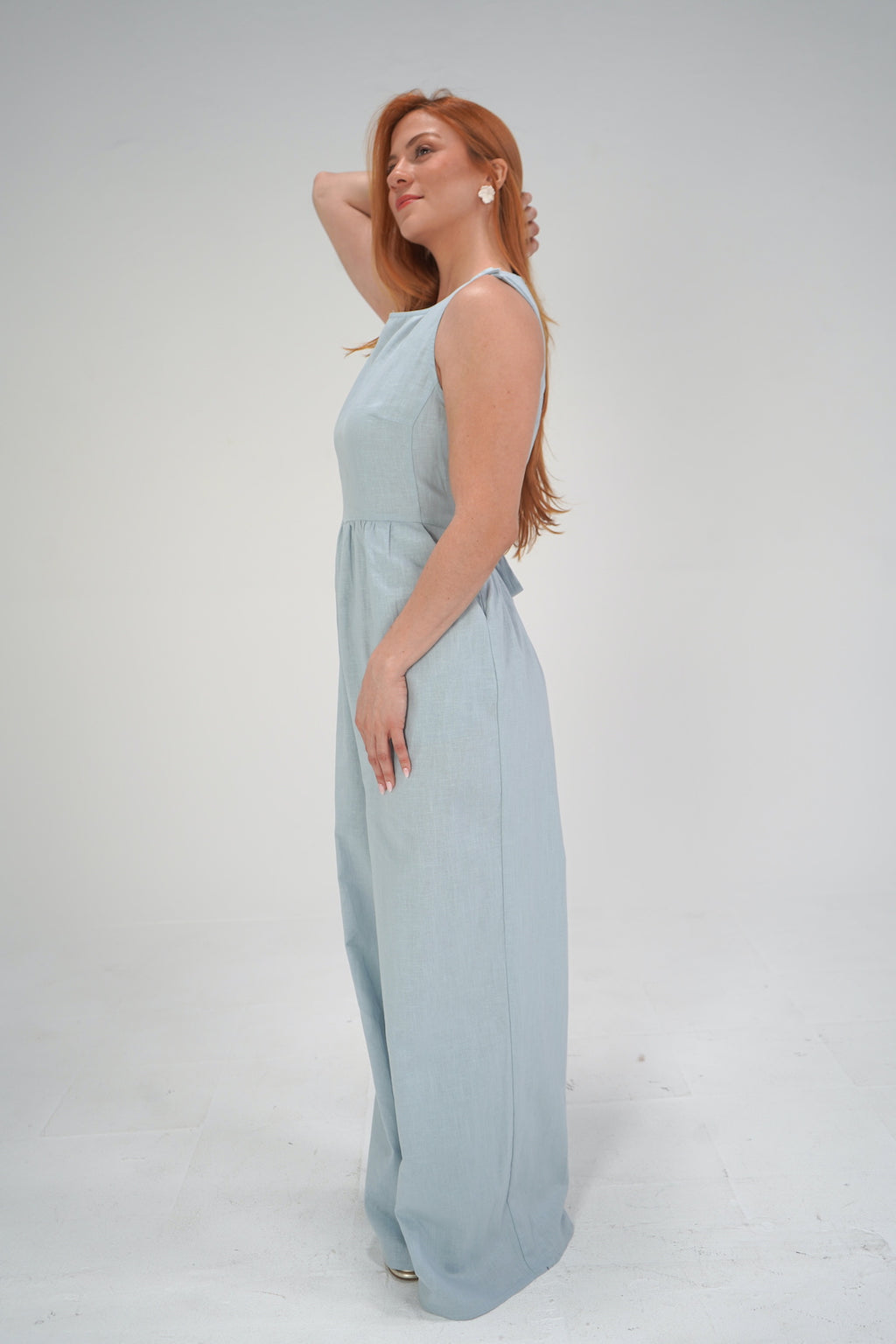 Blue Linen Wide Leg Jumpsuit-TALL