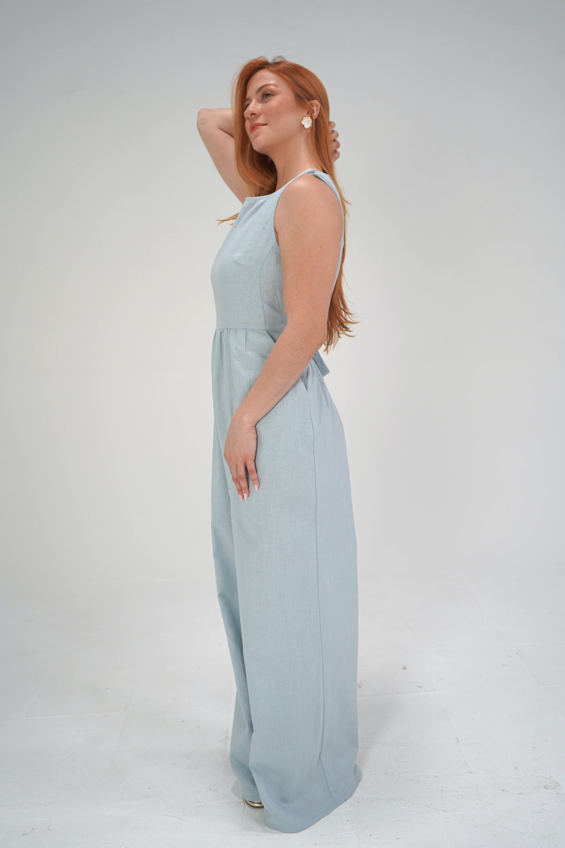 Blue Linen Wide Leg Jumpsuit-TALL