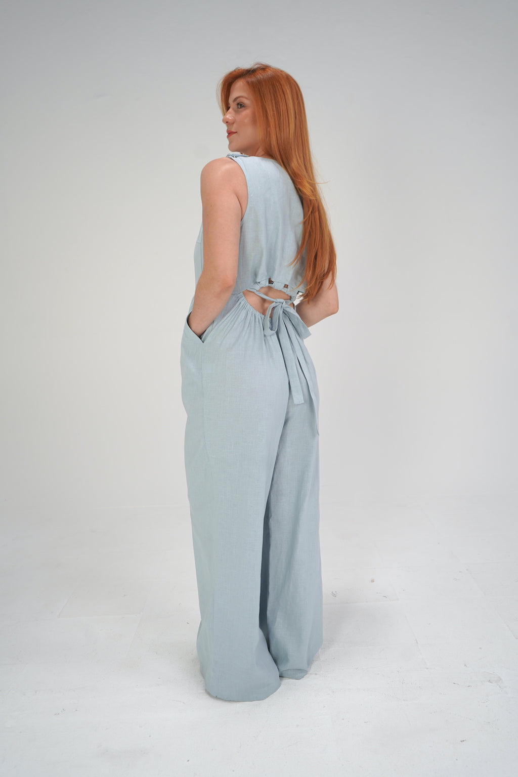 Blue Linen Wide Leg Jumpsuit-TALL