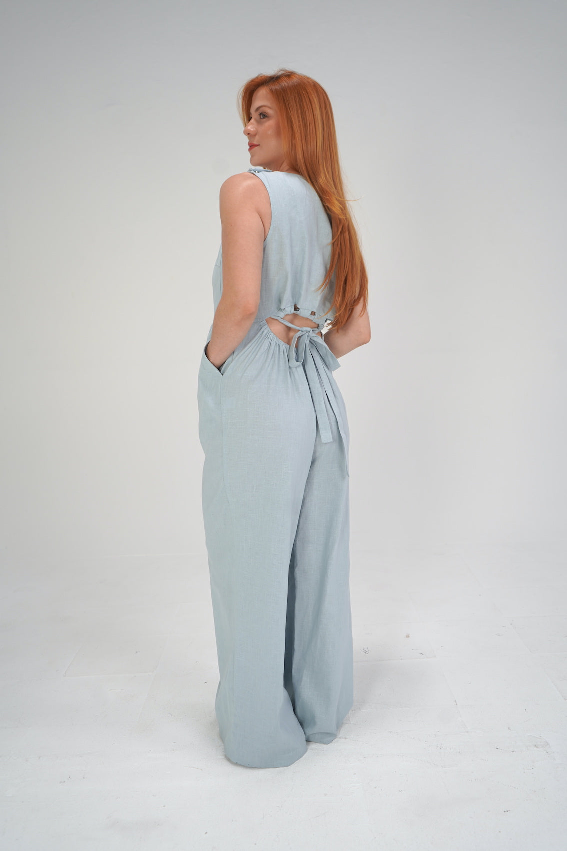 Blue Linen Wide Leg Jumpsuit-TALL