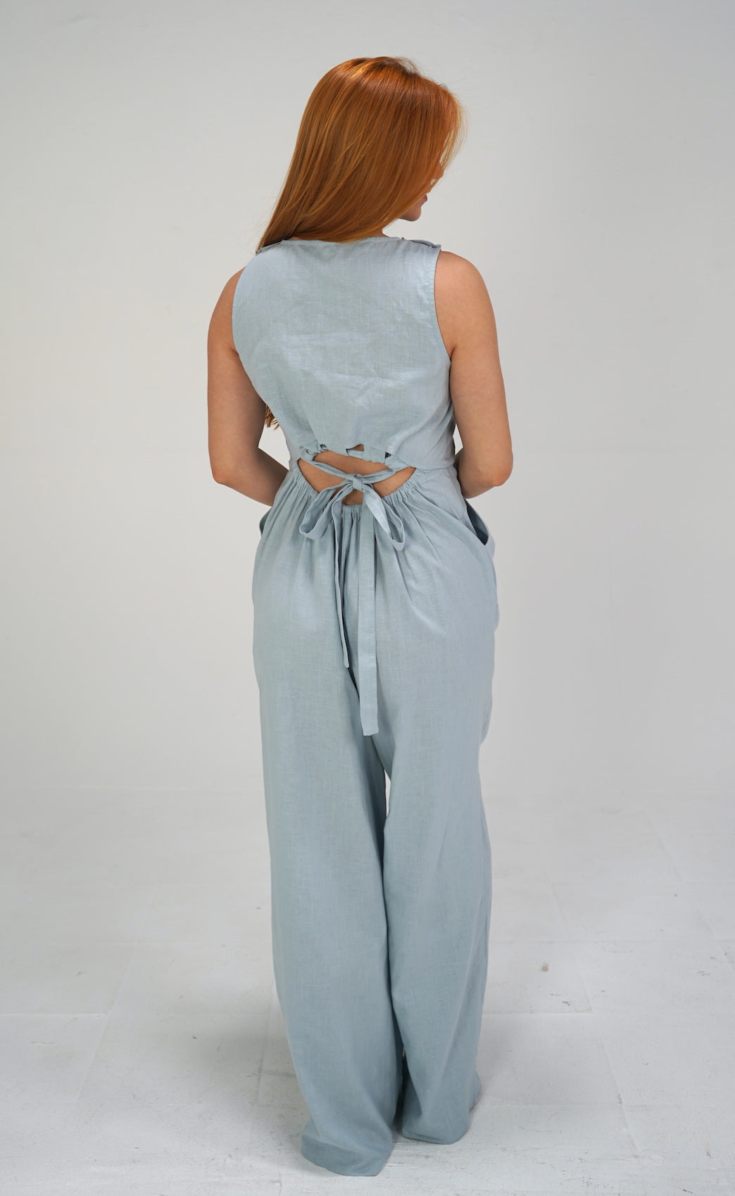 Blue Linen Wide Leg Jumpsuit-TALL