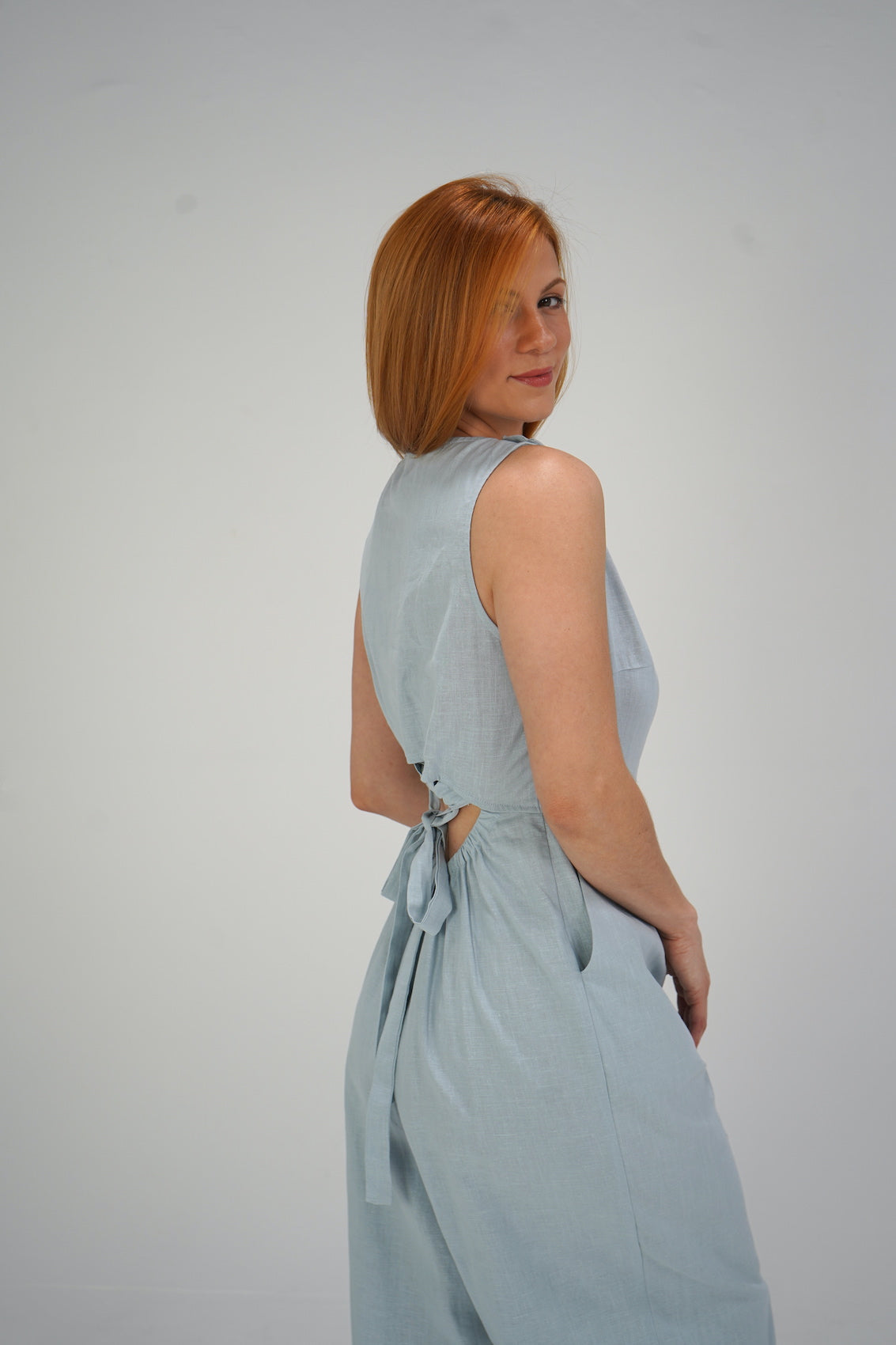Blue Linen Wide Leg Jumpsuit-TALL
