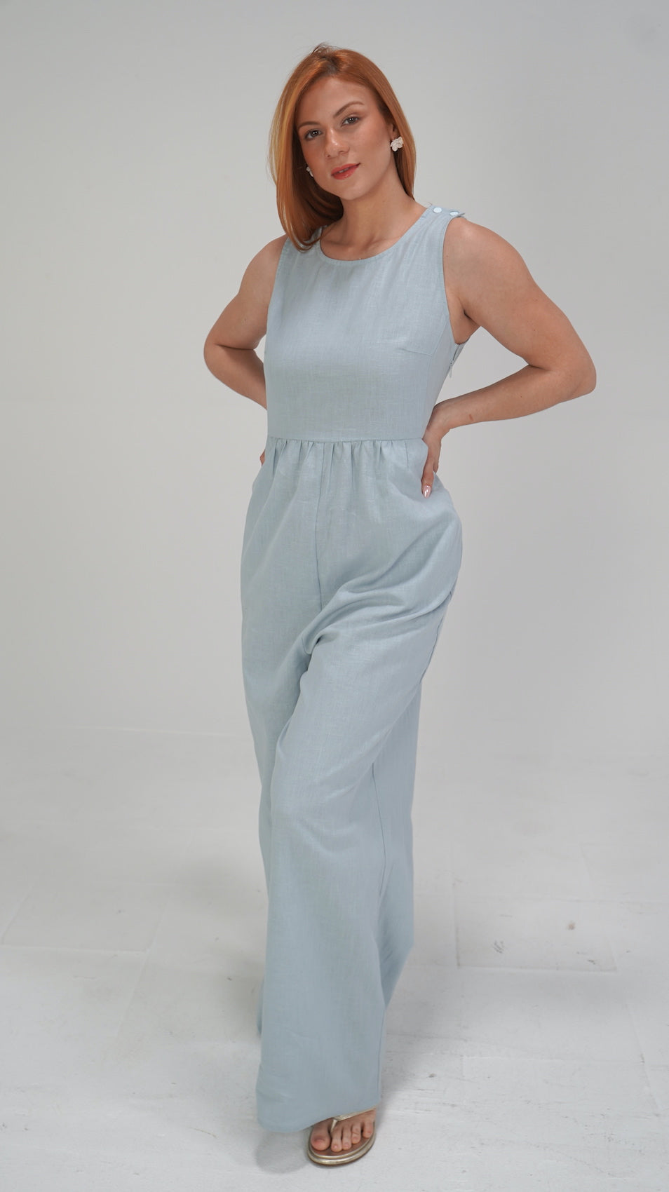 Blue Linen Wide Leg Jumpsuit-TALL