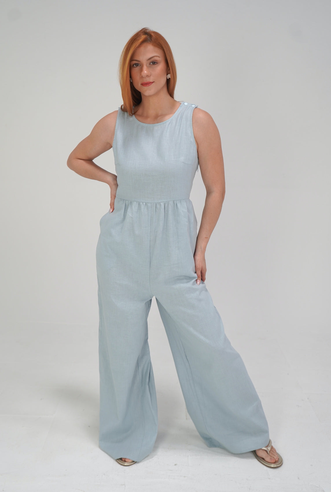 Blue Linen Wide Leg Jumpsuit-TALL