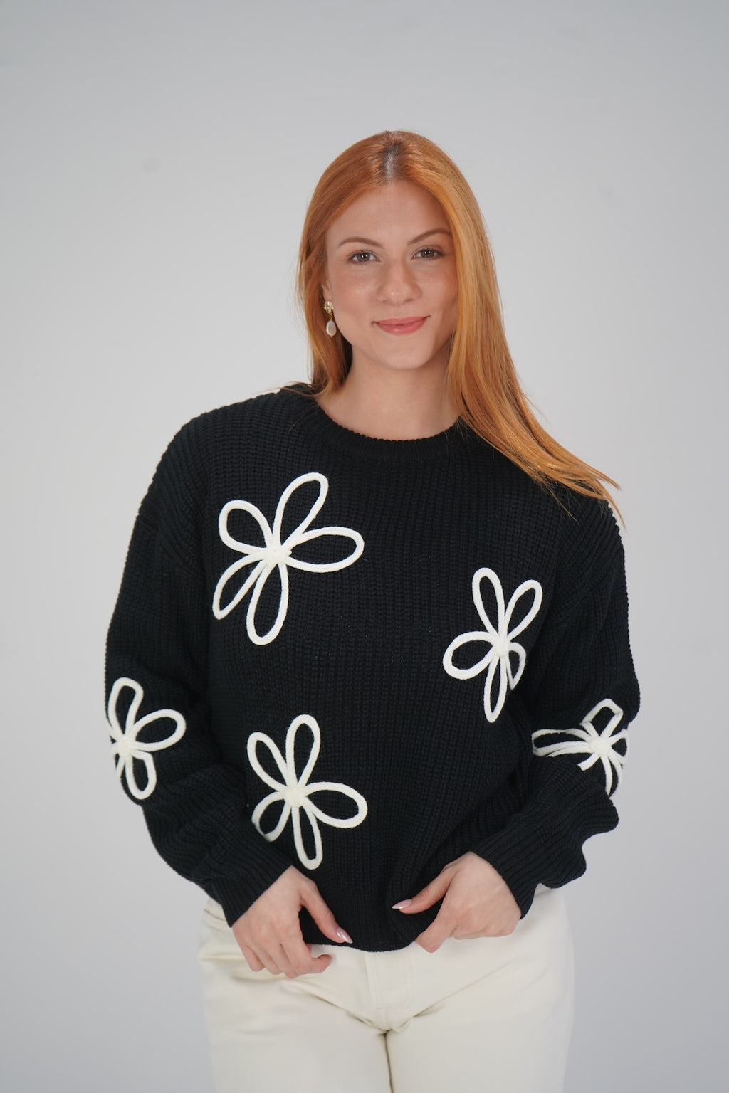Floral Black and White Knit Sweater