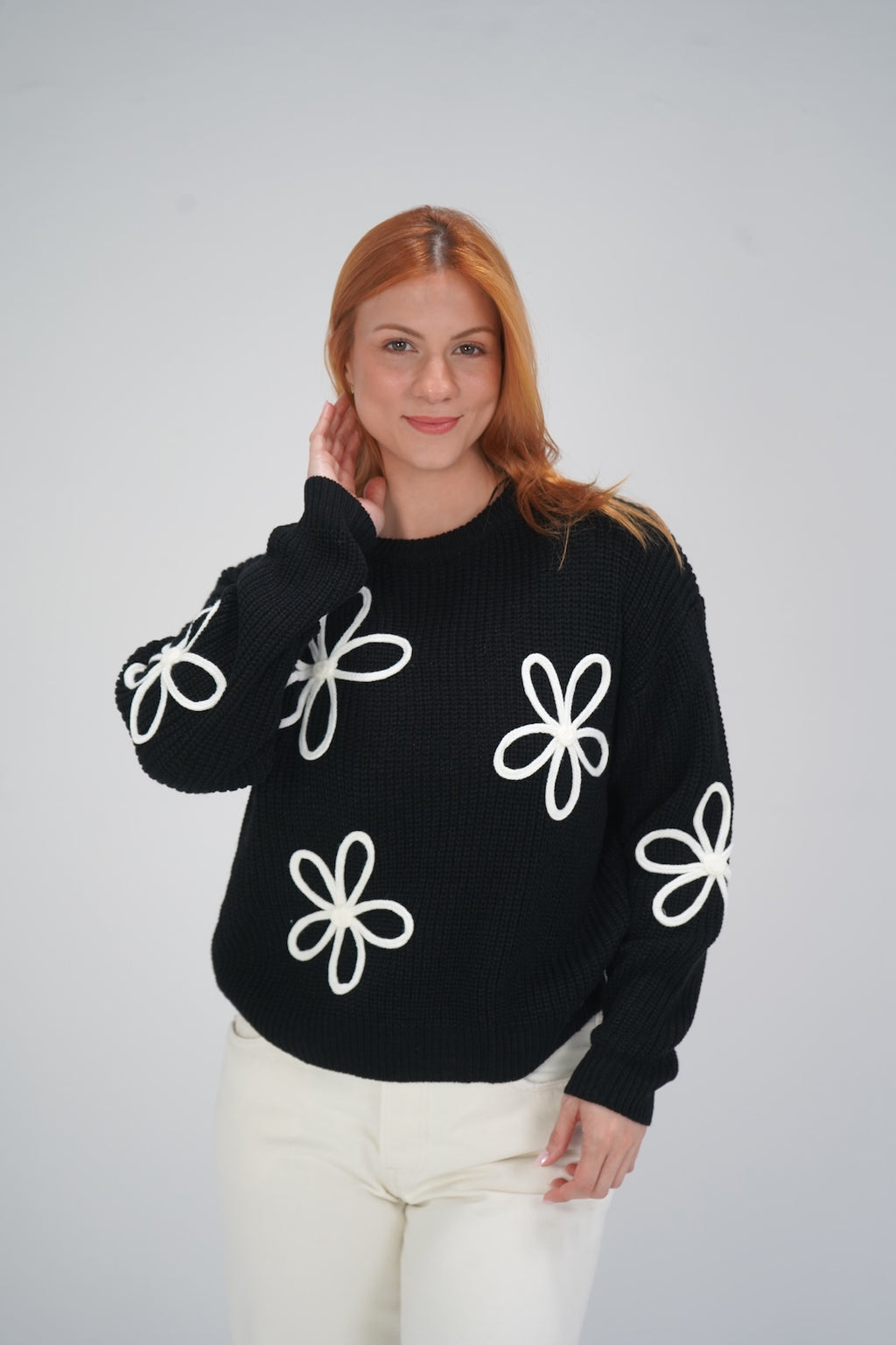 Floral Black and White Knit Sweater