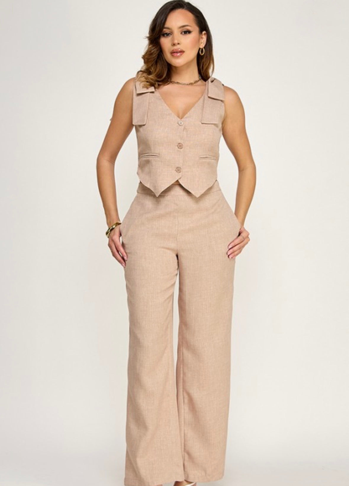 Cream Bow-Shoulder Top and Pant Set