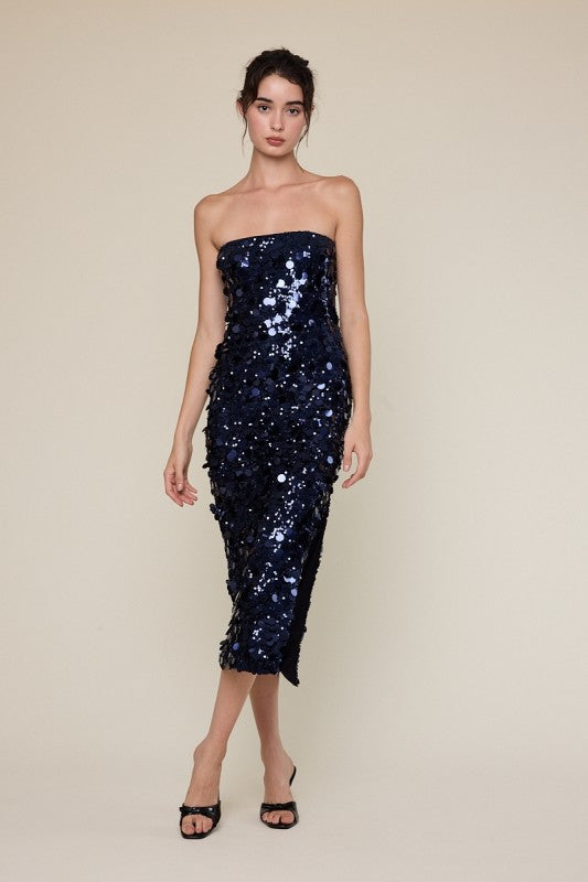 Navy Sequins Strapless Midi Dress
