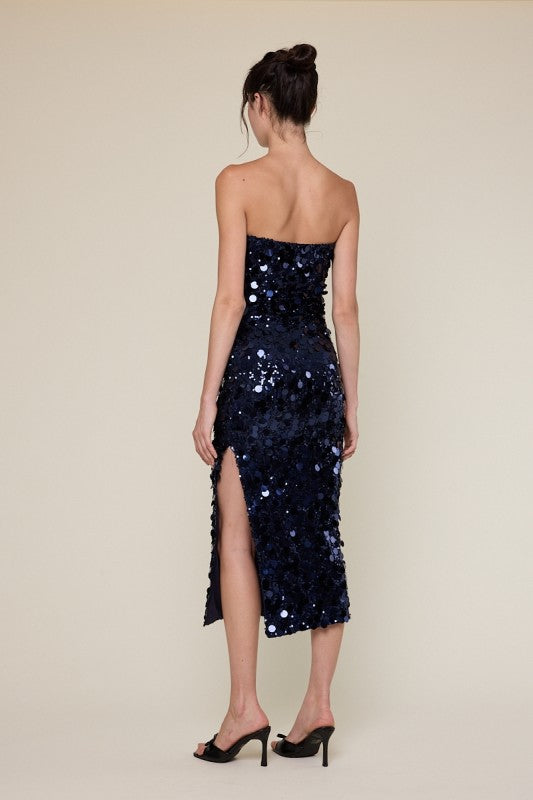 Navy Sequins Strapless Midi Dress