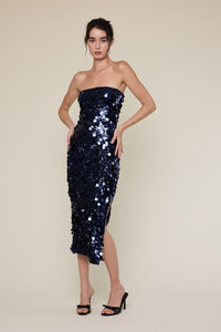 NEW-Navy Sequins Strapless Midi Dress