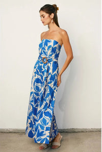 White and Blue Floral Strapless Dress with Rattan Belt