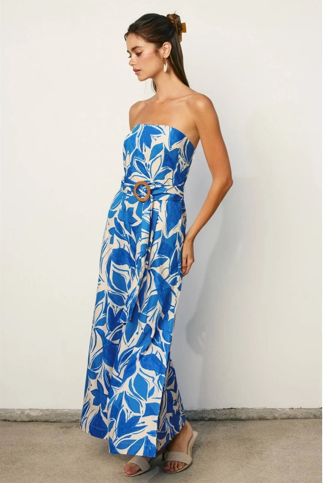 White and Blue Floral Strapless Dress with Rattan Belt