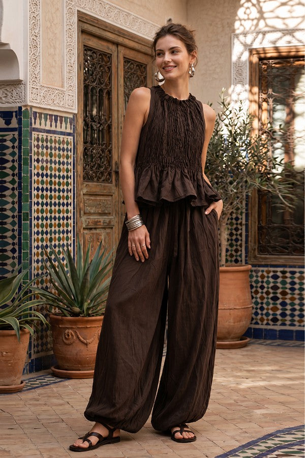 Brown Peplum Top and Balloon Pants Set