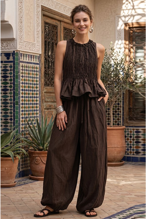 Brown Peplum Top and Balloon Pants Set