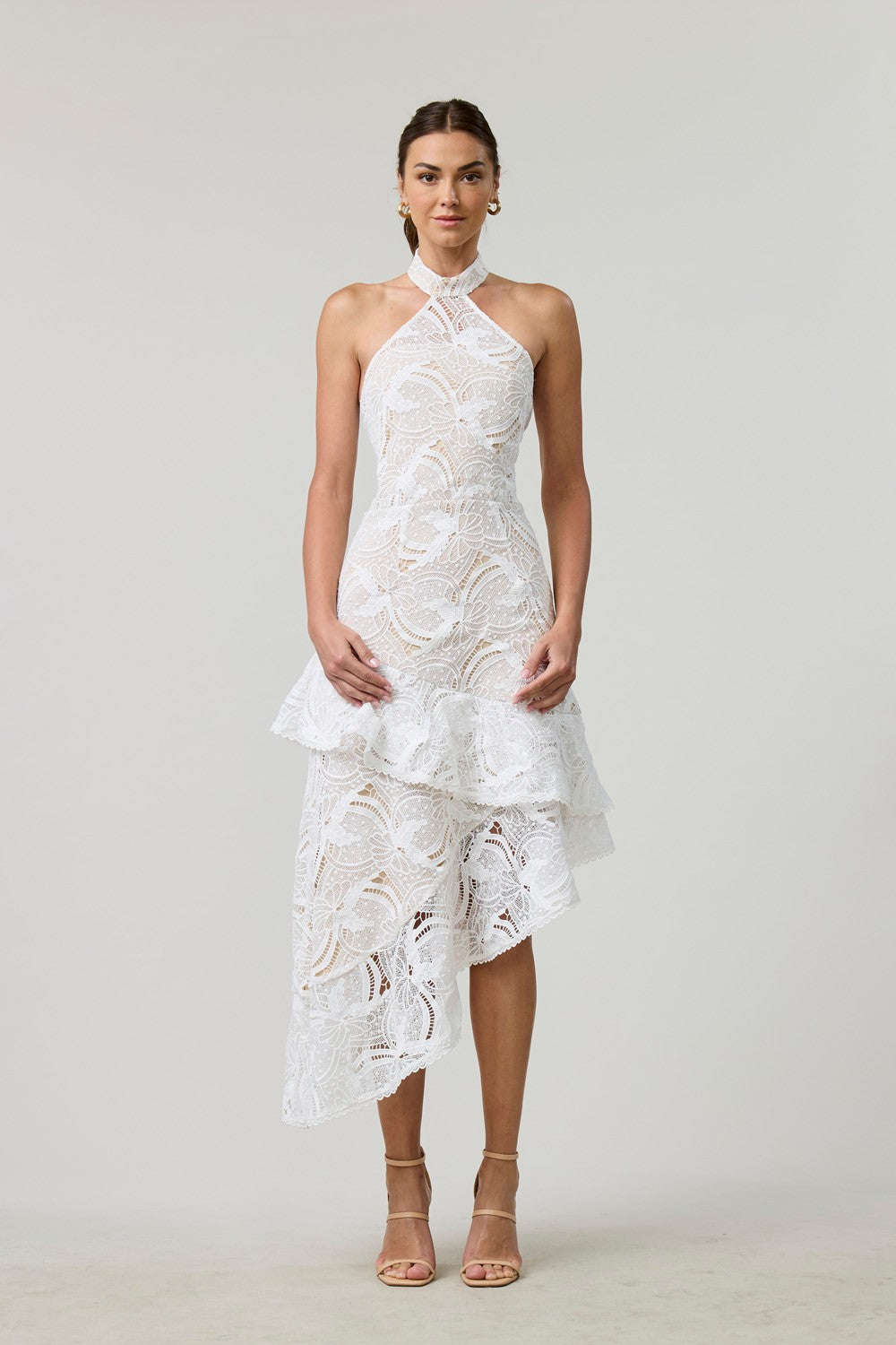 White Lace Asymmetrical Midi Dress
