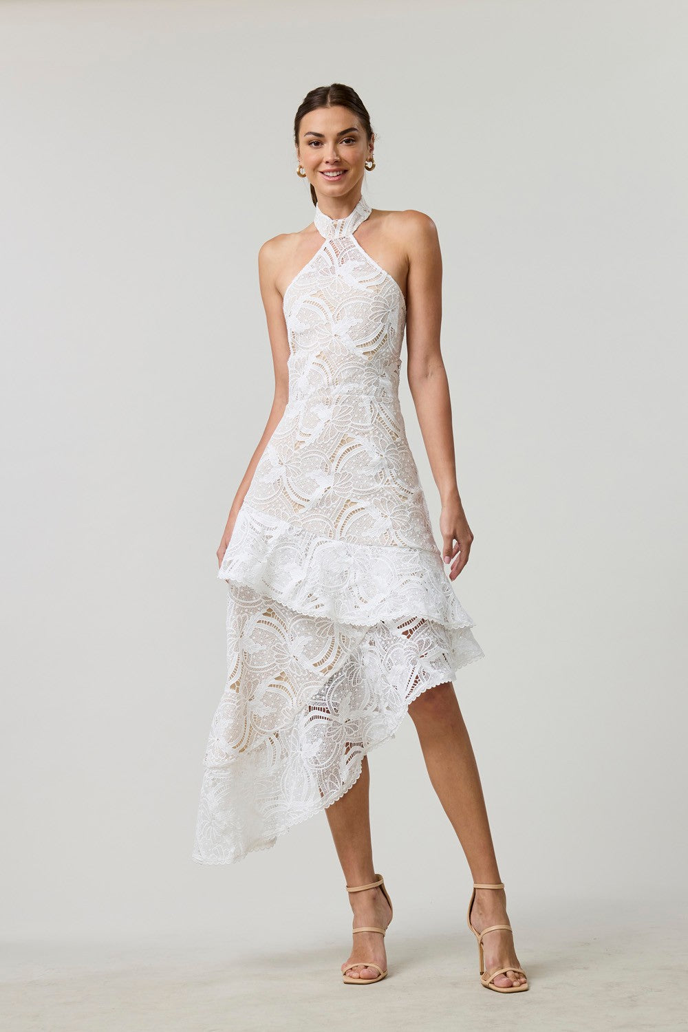 White Lace Asymmetrical Midi Dress