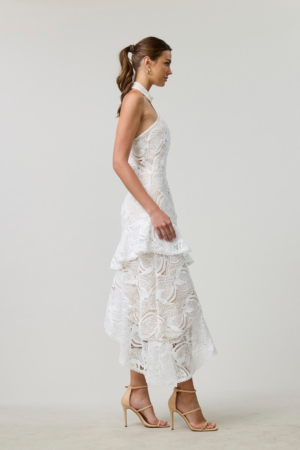White Lace Asymmetrical Midi Dress