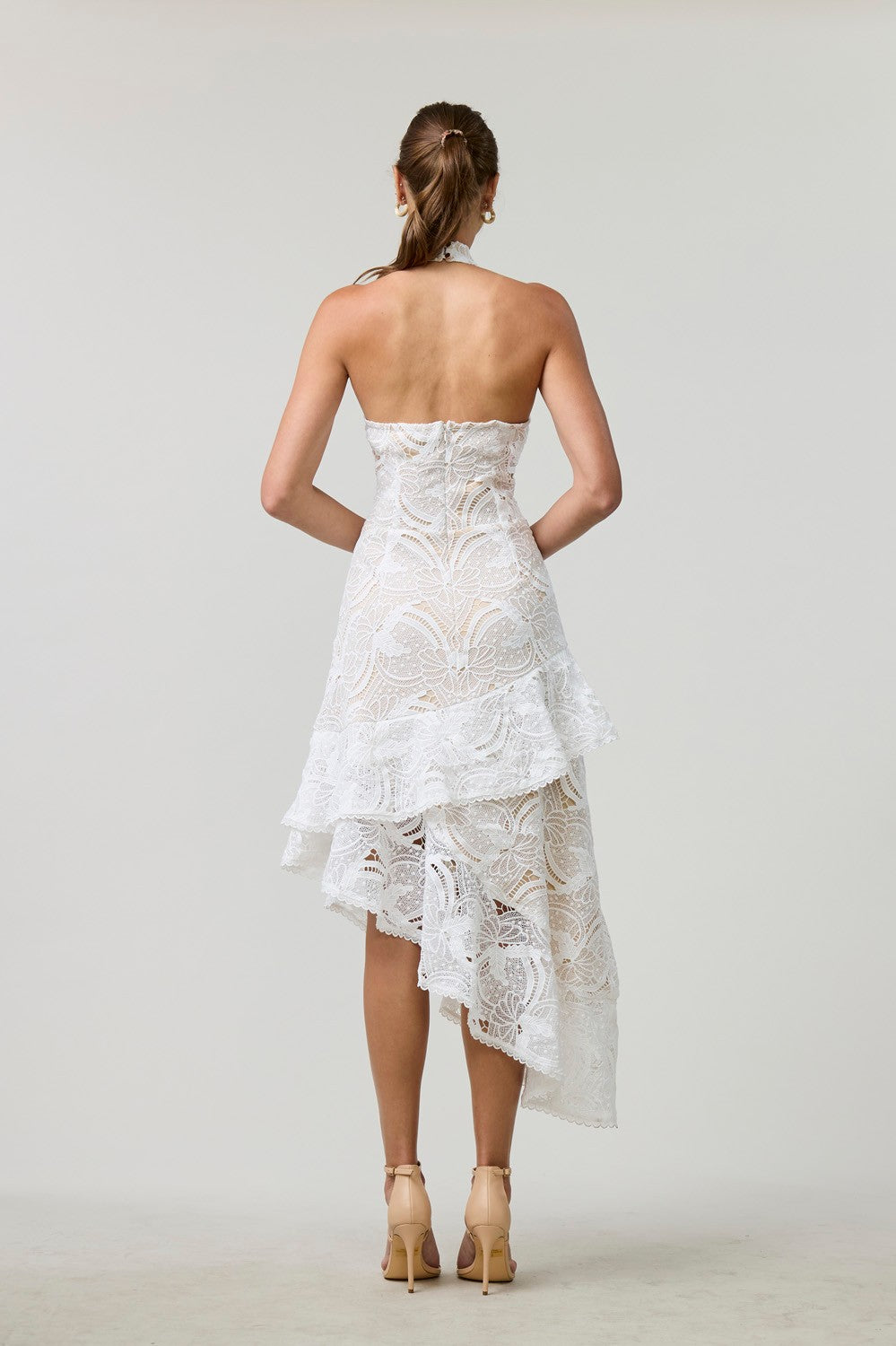 White Lace Asymmetrical Midi Dress