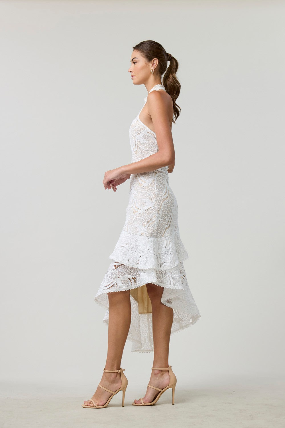 White Lace Asymmetrical Midi Dress