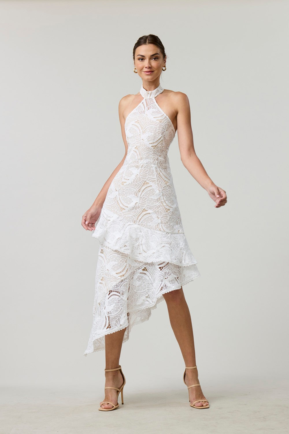 White Lace Asymmetrical Midi Dress