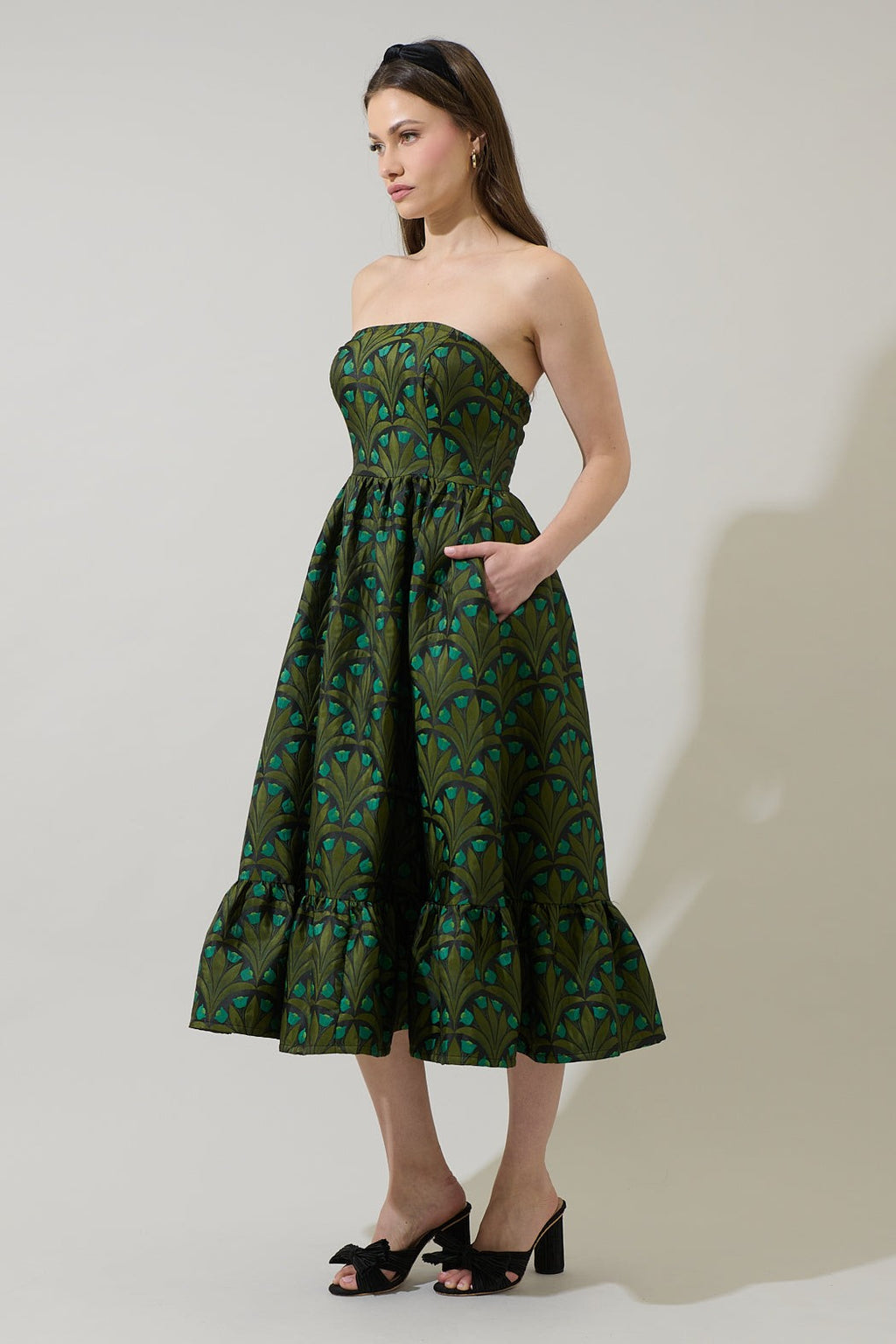 Green Multi Jacquard Strapless Dress