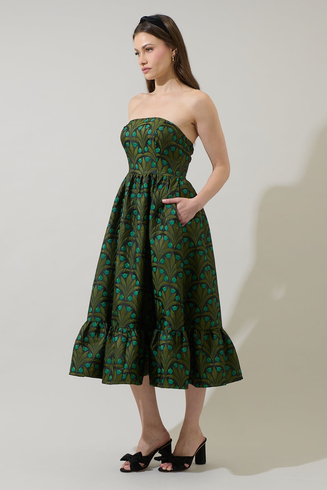Green Multi Jacquard Strapless Dress