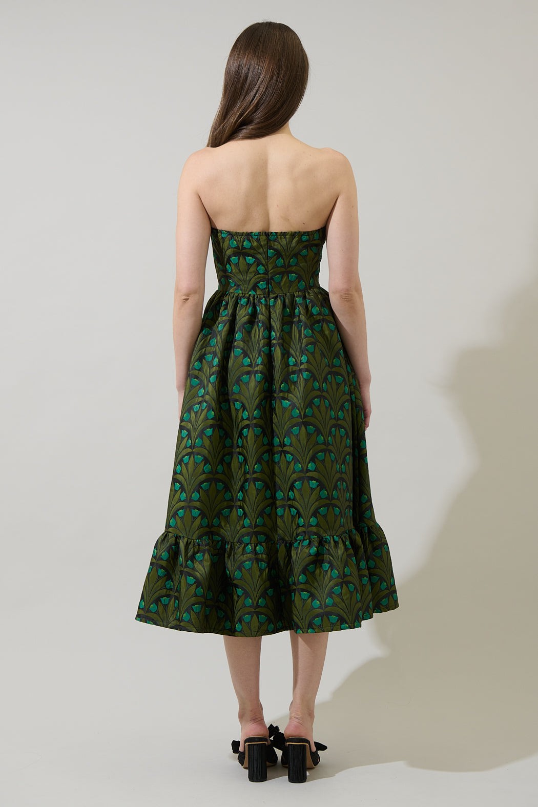 Green Multi Jacquard Strapless Dress
