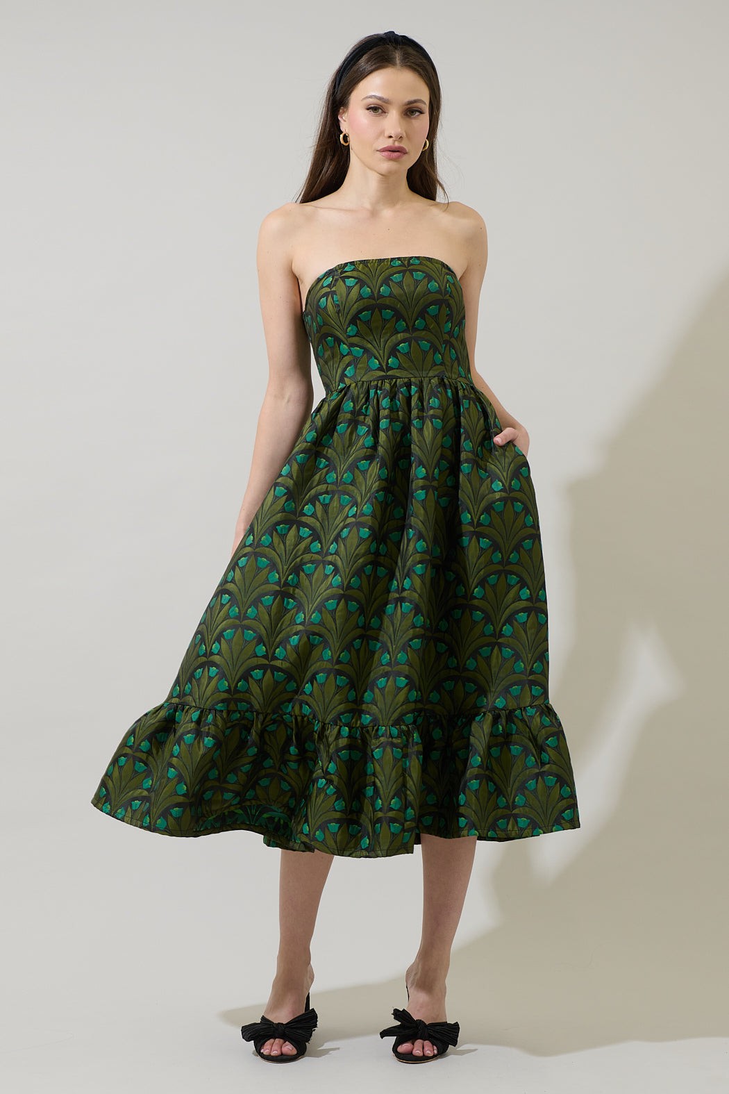 Green Multi Jacquard Strapless Dress