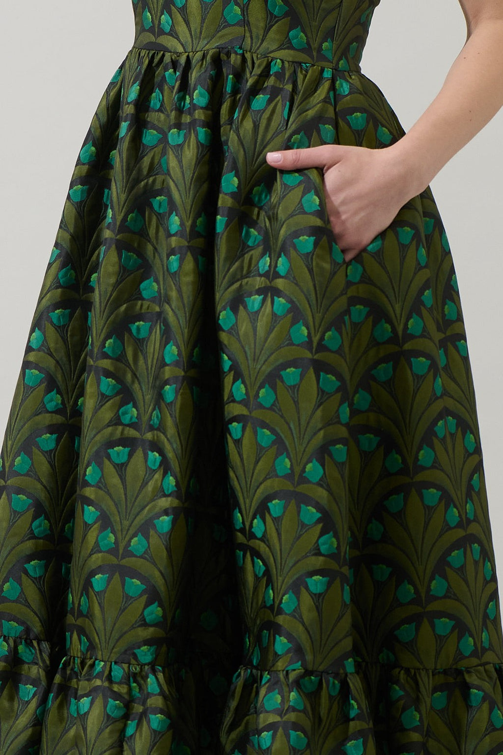 Green Multi Jacquard Strapless Dress