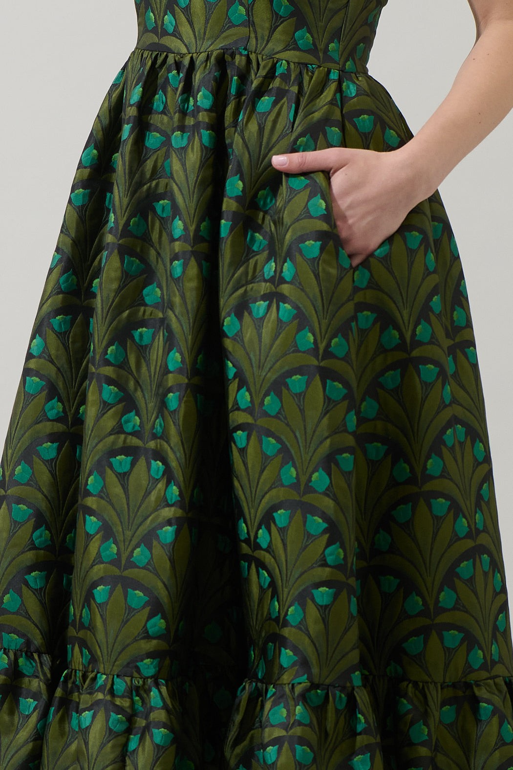 Green Multi Jacquard Strapless Dress