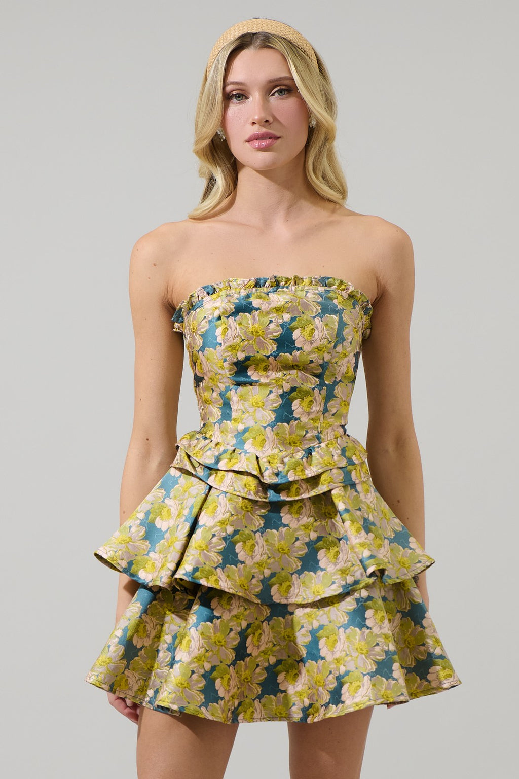 Floral Multi Colored Jacquard Mini Dress