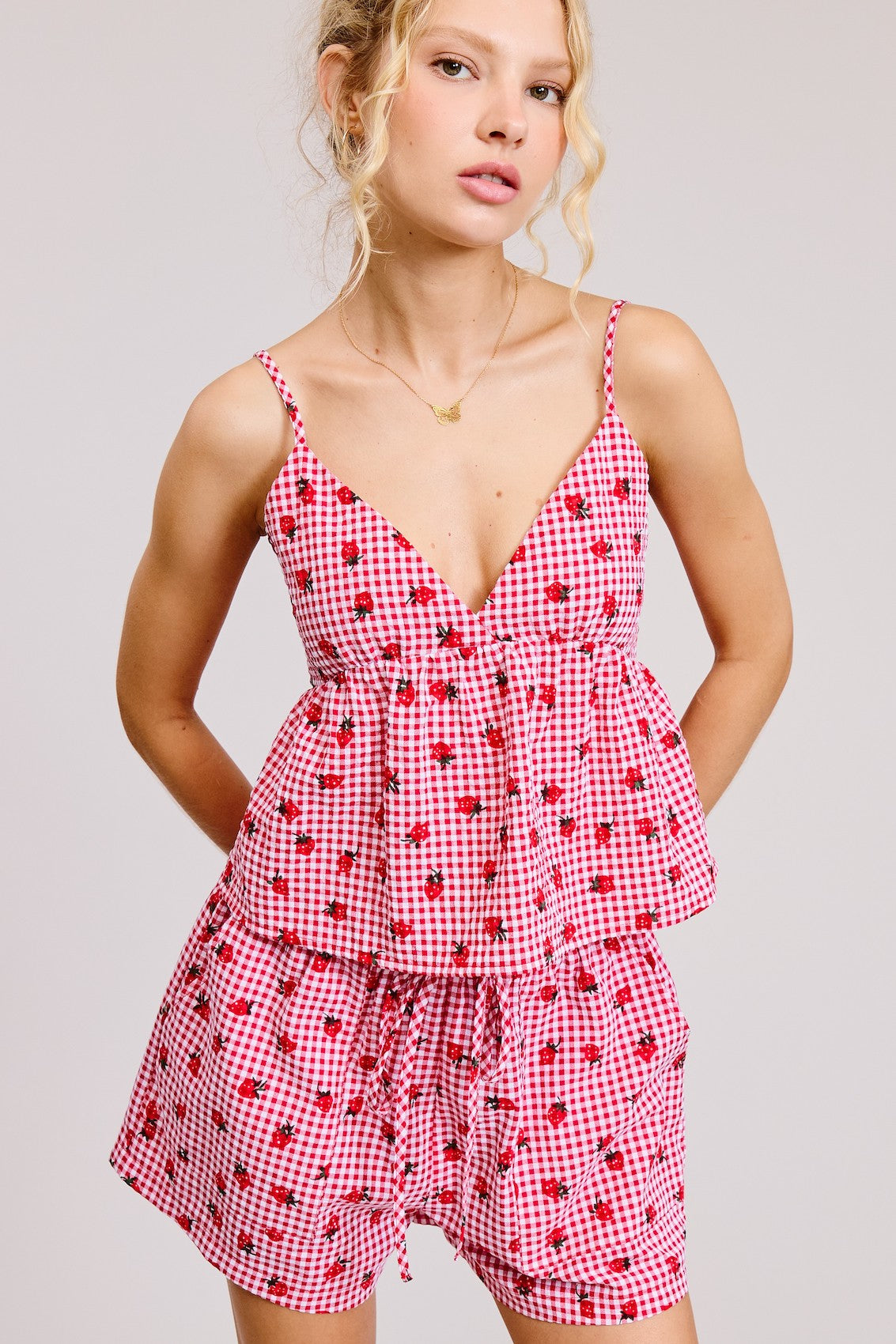 Pink Strawberry Gingham Top and Short Set