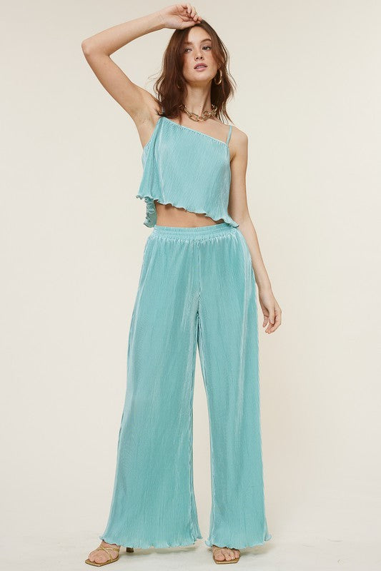 Teal Pleated Top and Pant Set