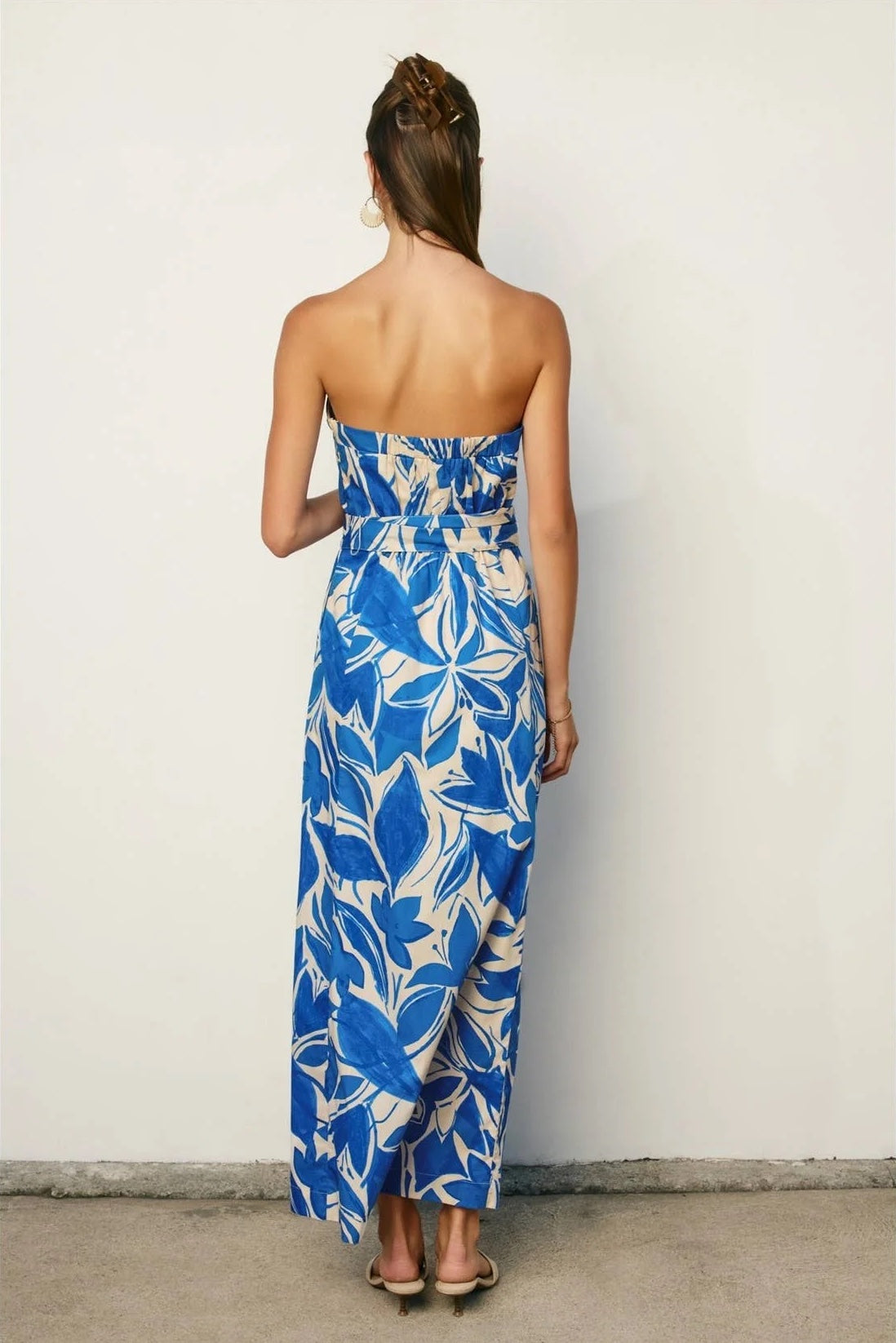 White and Blue Floral Strapless Dress with Rattan Belt