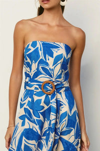 White and Blue Floral Strapless Dress with Rattan Belt