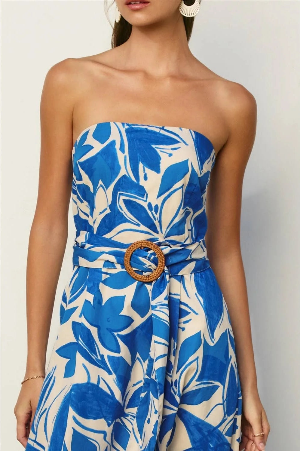 White and Blue Floral Strapless Dress with Rattan Belt
