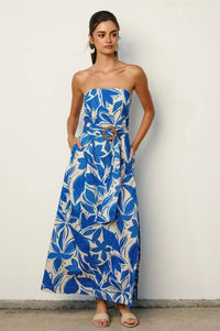 White and Blue Floral Strapless Dress with Rattan Belt