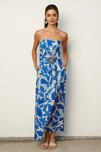 White and Blue Floral Strapless Dress with Rattan Belt