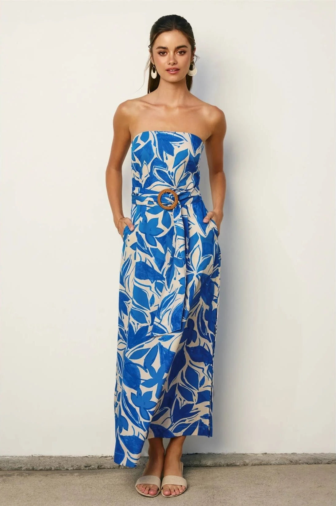 White and Blue Floral Strapless Dress with Rattan Belt